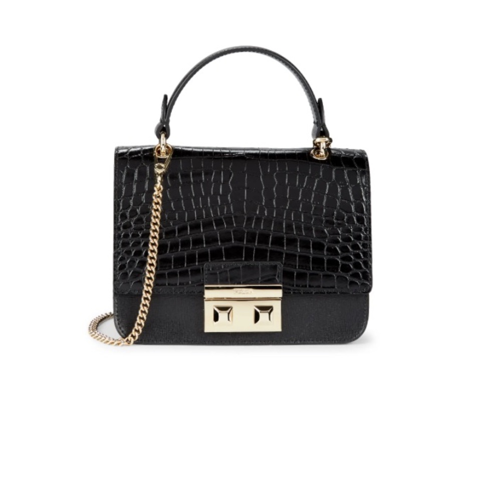 Furla Black Croc-Embossed Leather Top Handle Bag with Gold Hardware